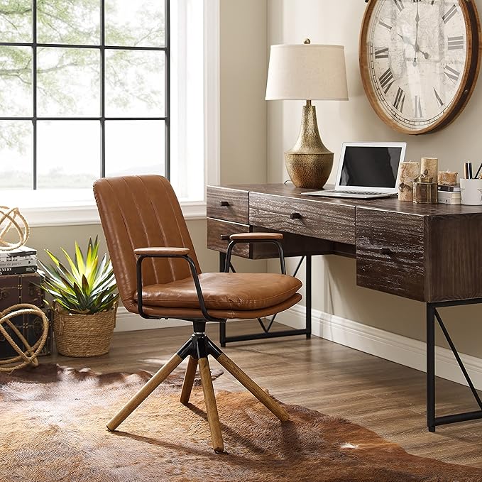 Art Leon Desk Chair No Wheels, Set of 2, Mid Century Modern Swivel Chair with Oak Wood Legs, Faux Leather Home Office Desk Chairs for Bedroom Living Room, Yellow Brown