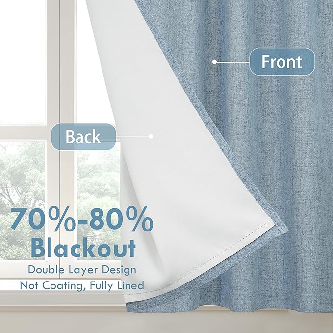 DriftAway Double Layer Linen Blackout Tie Up Curtains Thermal Insulated Fully Lined Balloon Roman Shade Bathroom Window Adjustable Rod Pocket for Small Window 39 Inch by 55 Inch Dusty Blue