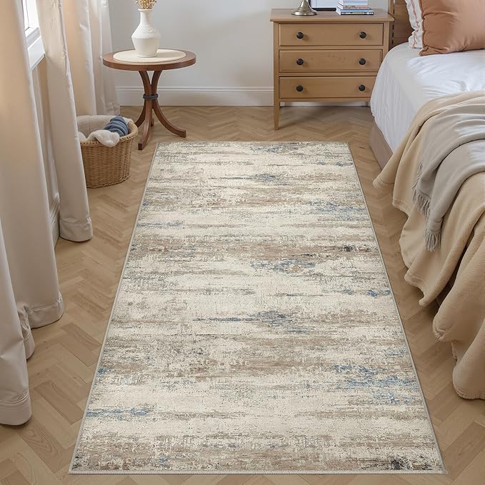 2x6 Runner Rug Hallway Kitchen Washable Abstract Neutral Modern Small Long Beige Brown Carpet Bedroom Bedside Non Slip Low Pile Soft Thin Indoor Throw Rug Entryway Bathroom Door Mat