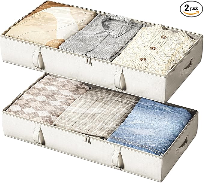 Vailando Under Bed Storage Containers, 6 Inches Tall 60L Underbed Storage Bins with Sturdy Handles and Sidewalls, Closet Organizer for Clothes, Blankets, Seasonal Items, Beige, 2-Pack