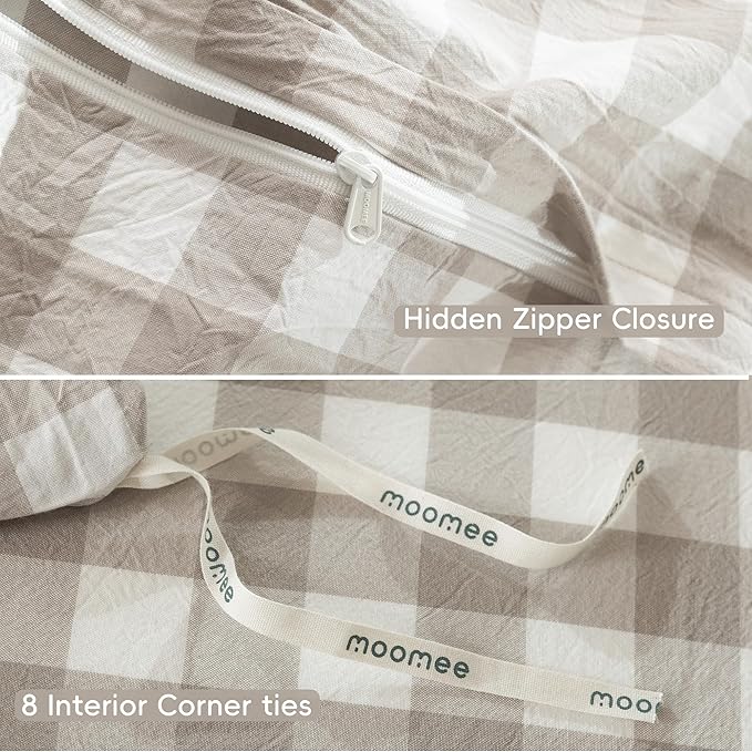 MooMee Gingham Duvet Cover Set 100% Washed Cotton Linen Like Textured Breathable Durable Soft Comfy Modern Checkered Design (Buffalo Plaid Tannish Linen Grey, Full 80"x90")