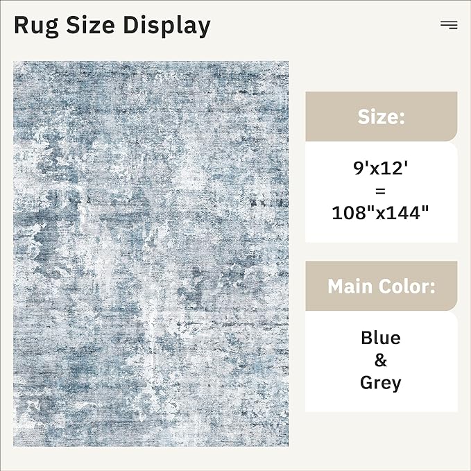 9x12 Area Rugs for Living Room, Abstract Non Slip Machine Washable Vintage Rugs, Low Pile Lightweight Large Rug for Bedroom, Dining Room, Home Office Blue
