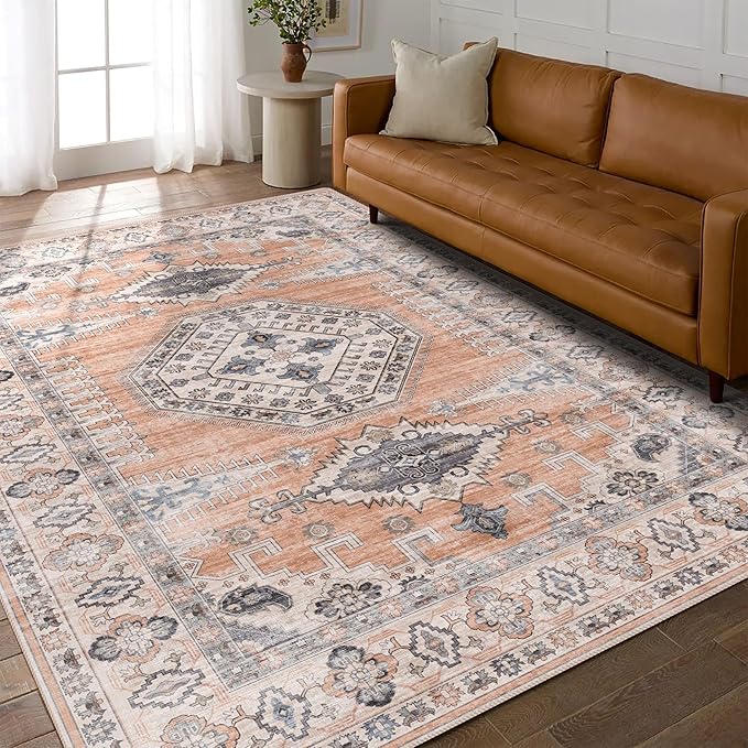vivorug 6x9 Area Rug, Ultra-Soft Washable Rug for Living Room, Dinner Room, Bedroom, Non-Slip Vintage Distressed Floral Rug, Indoor Carpet Large Area Rug, Orange