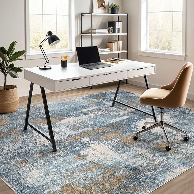 Area Rug Living Room Rugs - 8x10 Washable Large Soft Indoor Neutral Modern Abstract Low Pile Rug Carpet for Bedroom Dining Room Farmhouse Home Office - Blue Brown