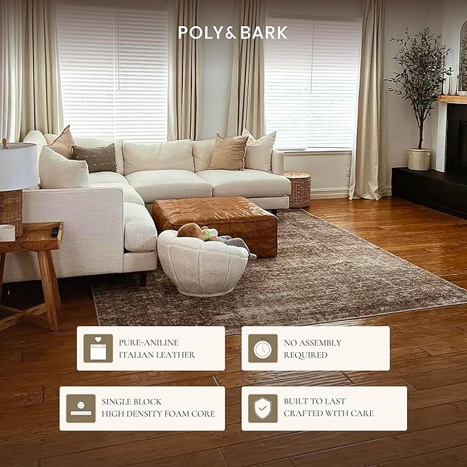 POLY & BARK Taos Ottoman – 37" Square Pouf with Feather-Down Topper – Full-Grain Leather Upholstered Pouf Ottoman for Living Room – Vintage Italian Leather in Cognac Tan