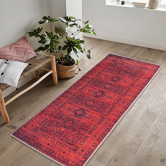 Bloom Rugs Washable Non-Slip 12 ft Runner - Red Traditional Bordered Runner for Entryway, Hallway, Bathroom, and Kitchen - Exact Size: 2.5' x 12'