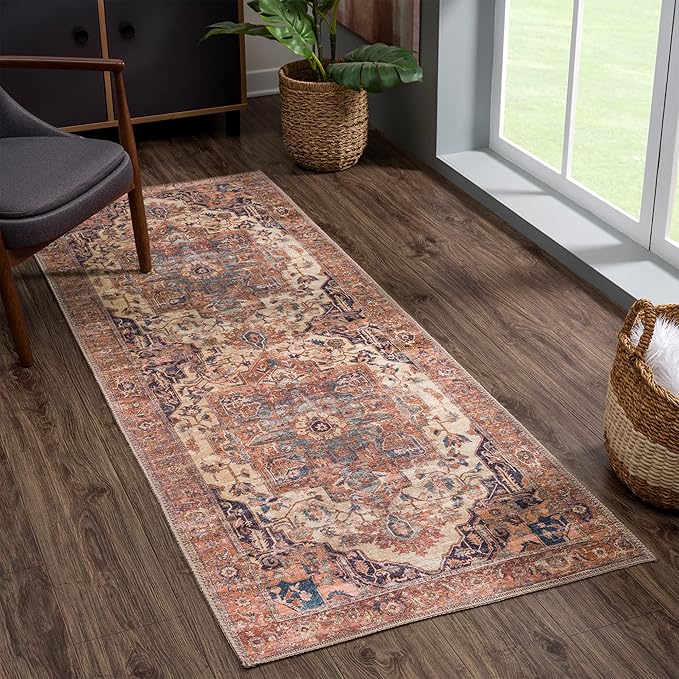 Bloom Rugs Washable 12 ft Runner - Beige/Terracotta Traditional Runner for Entryway, Hallway, Bathroom, and Kitchen - Exact Size: 2.5' x 12'