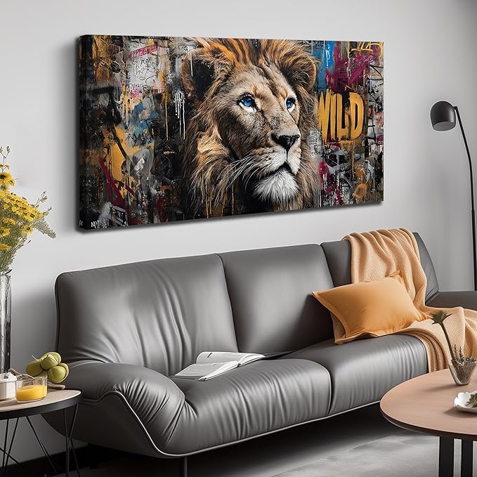 JuhaiArt Graffiti Wall Art Lion Picture Brown Wall Decor Animal Wall Art Canvas for Living Room Bedroom Home Office Prints Colorful Artwork 24" x 48"