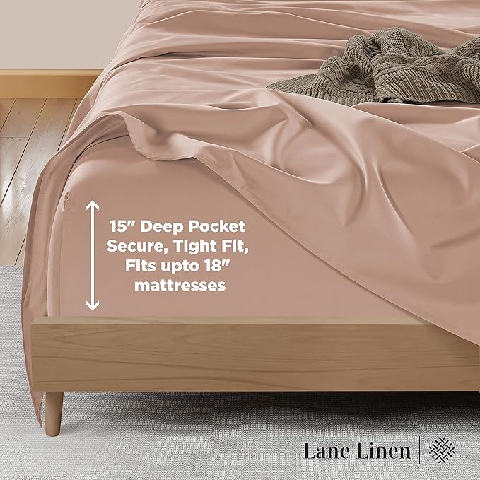 LANE LINEN Queen Sheet Sets – Natural 100% Cotton 600 Thread Count Cooling Sheets Queen, Soft Comfort for Restful Sleep, Easy Care & Machine Washable for Everyday Use, 15" Deep Pocket – Sepia Rose