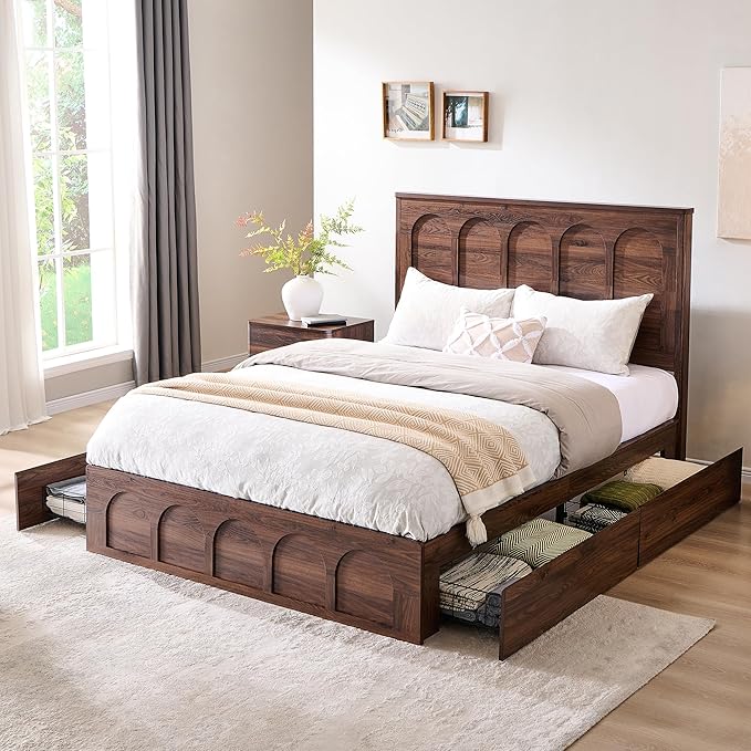 ACCOHOHO Queen Size Bed Frame Modern with 52" Tall Arched Recessed Headboard and 4 Drawers, Solid Wood Slats Support, Wood Platform, Noise Free, No Box Spring Needed, Brown