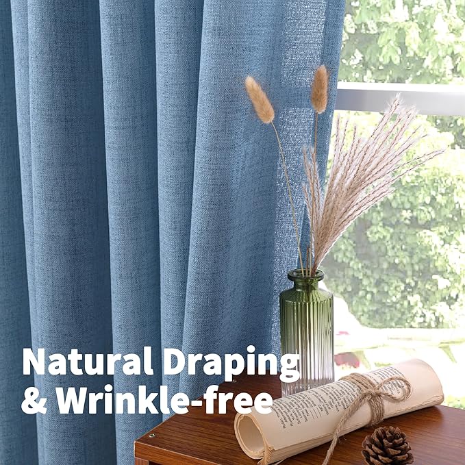 YoungsTex Denim Blue Linen Curtains 90 Inch Length for Living Room, Light Filtering Semi Sheer Window Drapes with Bronze Grommet Privacy for Office Bedroom, 52 x 90 Inch, 2 Panels