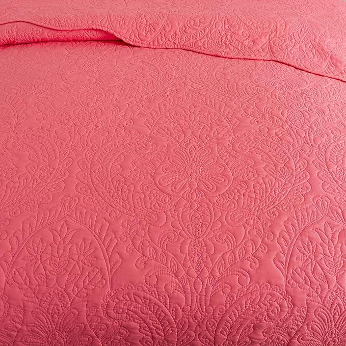 HoneiLife Queen Quilt Bedding Set - Microfiber Quilt Sets for Queen Bed, 3-Piece Lightweight Bedspreads,Reversible Coverlets Rustic Bedlinen Sets, Floral Bedding Set All Season Quilts-Sugar Coral