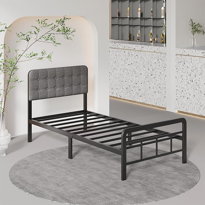 12 Inch Twin XL Bed Frames with Upholstered Headboard and Metal Footboard, No Box Spring Needed, Heavy Duty XL Twin Metal Mattress Foundation, Noise Free, Easy Assembly