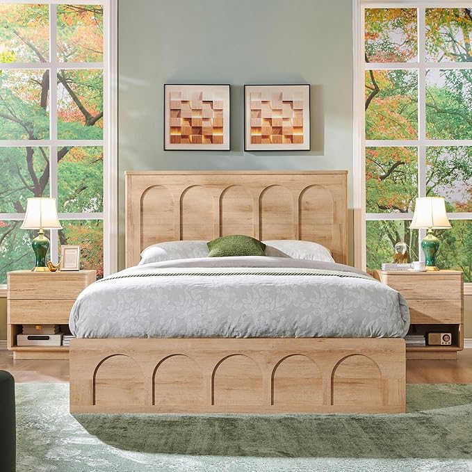 ACCOHOHO Queen Size Bed Frame Modern with 52" Tall Arched Recessed Headboard and 4 Drawers, Solid Wood Slats Support, Wood Platform, Noise Free, No Box Spring Needed, (Natural Oak)