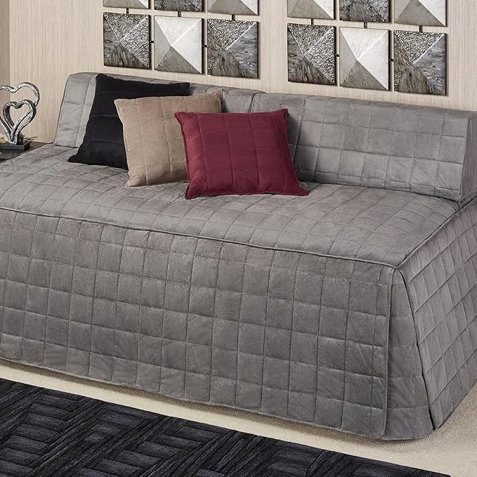 Camden Luxury Bedding | Charcoal Gray Color | Fitted Hollywood Daybed Bedding | Faux Suede Box Quilted Design | 5 Piece Set Includes Extra Long Hollywood Cover, 2 Bolster Shams, & 2 Bolster Pillows