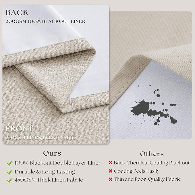 105 Inch Blackout Linen Curtains Pinch Pleat for Bedroom Living Room Darkening Neutral Pleated 100% Black Out Thermal Insulated Window Drapes Double Layer Soundproof Curtains 2 Panels Ivory Natural