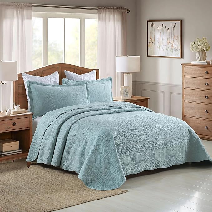 MarCielo 100% Cotton Quilt Set - 3-Piece Embroidered Farmhouse Bedspread & Shams, All-Season Breathable Bedding (Tf Aruba Blue, Queen)