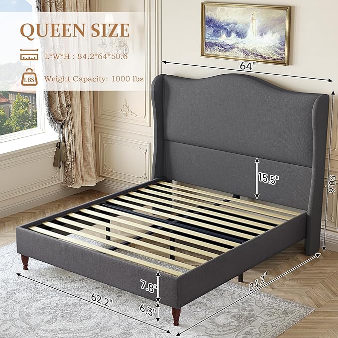 koorlian Queen Upholstered Bed, Soft Chenille Sleigh Platform Bed Frame with Wingback Tall Headboard, Retro Minimalist/No Box Spring Required/Easy Assembly, Grey