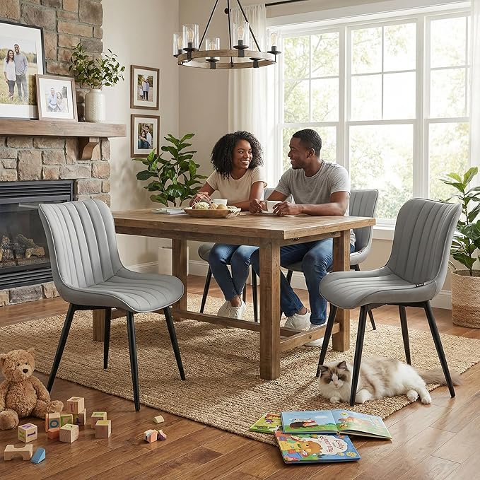 YOUNUOKE Mid-Century Modern Dining Chairs Set of 2, Grey PU Leather Upholstered Kitchen Chairs with Black Metal Legs, Armless Accent Chair for Dining Room, Guest Reception Room