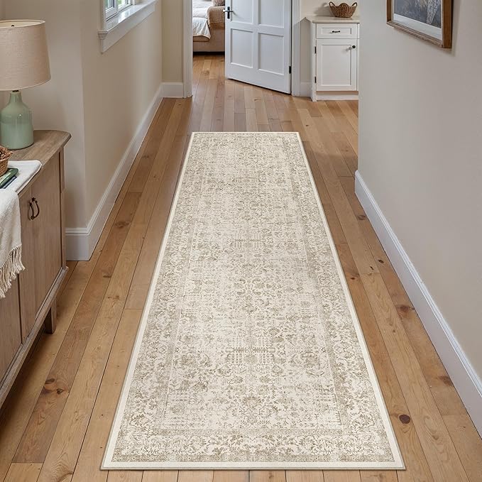 Light Brown Runner Rug 2x8 Hallway Machine Washable Kitchen Vintage Distressed Non Slip Long Carpet Indoor Retro Floral Bedroom Accent Throw Rug for Bathroom Office Laundry Dining Room