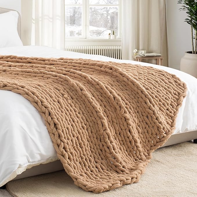 Chunky Knit Throw Blanket 50"X 60", 100% Handmade with Soft Chenille Yarn, 4.4lbs Thick Cable Knitted Blankets, Large Rope Knot Crochet Throws for Couch Sofa Bed Home Decor, Tan Brown