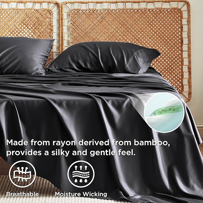 Bedsure Full Size Bed Sheets, Cooling Sheets, Rayon Derived from Bamboo, Breathable & Soft, Deep Pocket Up to 16 Inches, Hotel Luxury Silky Bedding for Hot Sleepers, Black