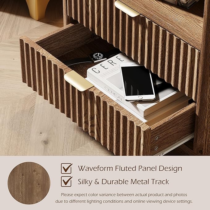 Fluted Nightstands Set of 2 - Walnut Nightstand with 2 Drawers & Open Shelves, 22" Wide Large Bedside Stand Modern Storage Wooden Side Tables for Bedroom (Natural Oak)