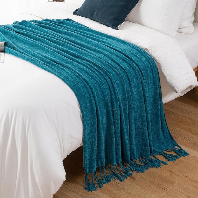 BATTILO HOME Teal Blue Throw Blanket for Couch, Bed, Sofa - Soft Cozy Chenille Throw Blanket with Fringe Tassels, Lightweight Turquoise Green Knit Throw for Home Decor, 50"x60"