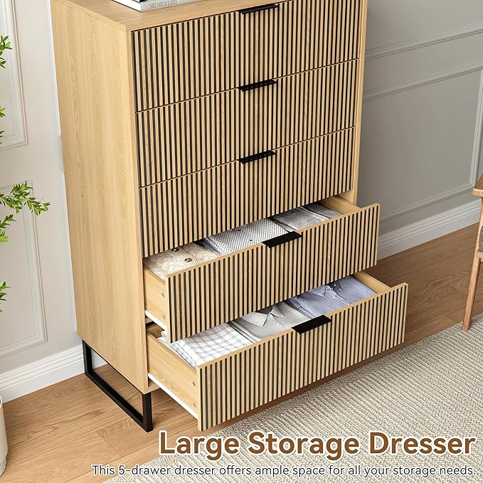 5 Drawers Dresser Set of 2, 49.2’’ Tall Modern Chest of Drawers for Bedroom, Large Closet Dressers with Drawers, Wooden Drawer Dresser for Bedroom, Living Room, Hallway
