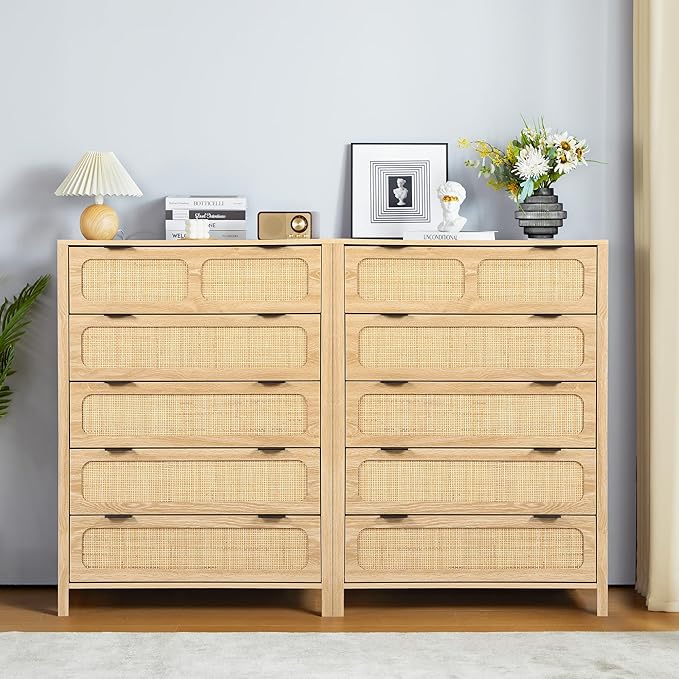 LEVNARY 5 Drawer Chest Dresser, Rattan Tall Dresser 5 Chest of Drawers Dressers for Bedroom, Wooden Storage Cane Cabinet with Metal Handles for Living Room Hallway (Natural)