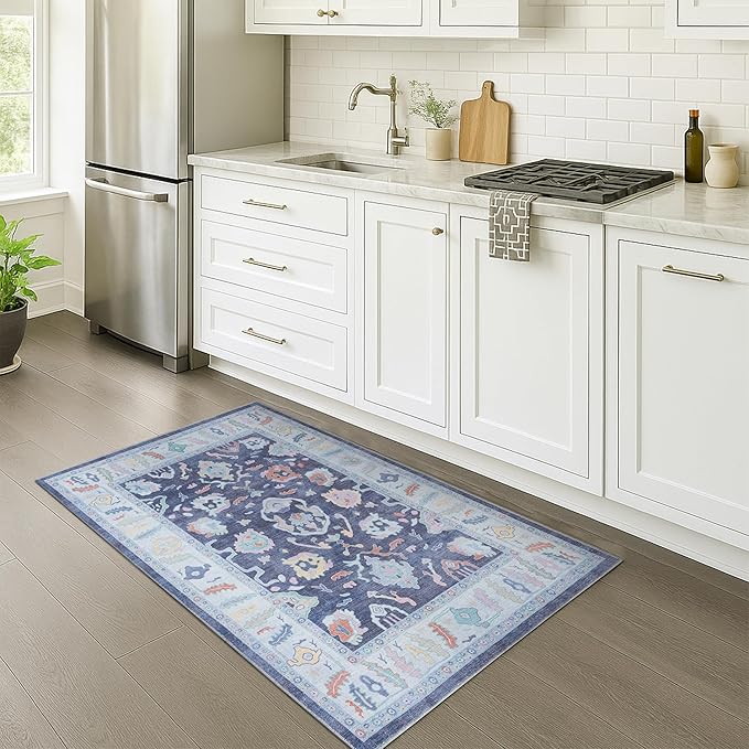 Fame Rugs Navy Blue Modern Oushak Rug 2x3, Vintage Doormat Turkish Colorful Oriental Antique Inspired Washable Small Area Rug, Luxury Living Room Bedroom (388NB, 2' x 3')