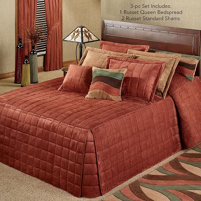 Touch of Class Camden Luxury Bedding | Warm Russet Color | Grande Fitted Bedspread | Faux Suede Box Quilted Design | Designed 3 Piece Set Includes Queen Bedspread and 2 Standard Shams