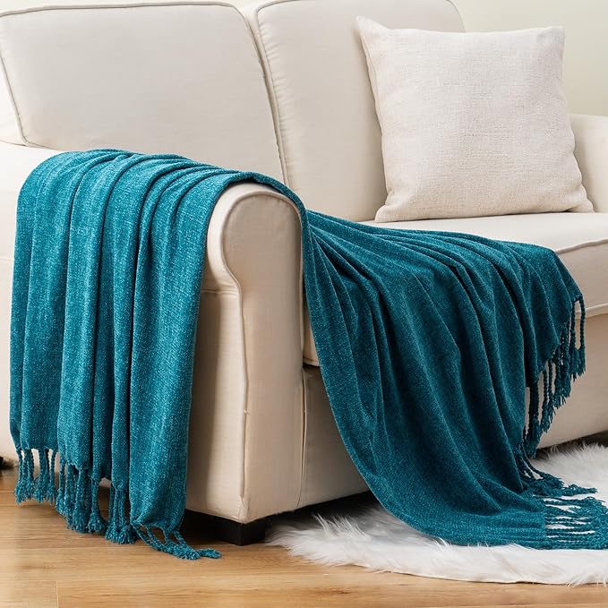 BATTILO HOME Teal Blue Throw Blanket for Couch, Bed, Sofa - Soft Cozy Chenille Throw Blanket with Fringe Tassels, Lightweight Turquoise Green Knit Throw for Home Decor, 50"x60"