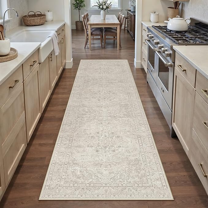 Beige 2x8 Runner Rug Washable Vintage Long Carpet for Hallway Kitchen Soft Retro Floral Low Pile Indoor Runner Non Slip Central Medallion Throw Rug for Bathroom Bedroom Laundry Dining Room