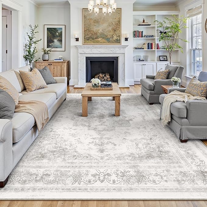 Washable Rug 8x10 Area Rug for Living Room Light Gray Vintage Boho Medallion Large Grey Distressed Retro Carpet Non Slip Indoor Low Pile Small Soft Bedroom Dining Room Home Office