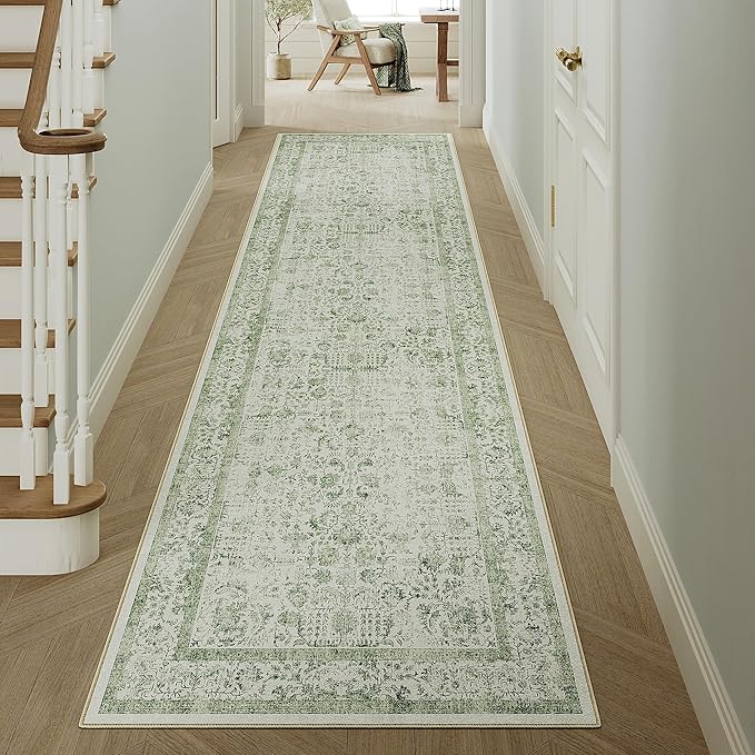 Runner Rug 2x8 Sage Green Hallway Washable Vintage Distressed Kitchen Carpet Non Slip Neutral Low Pile Retro Floral Farmhouse Long Throw Rug Entryway Bathroom Office Laundry Dining Room
