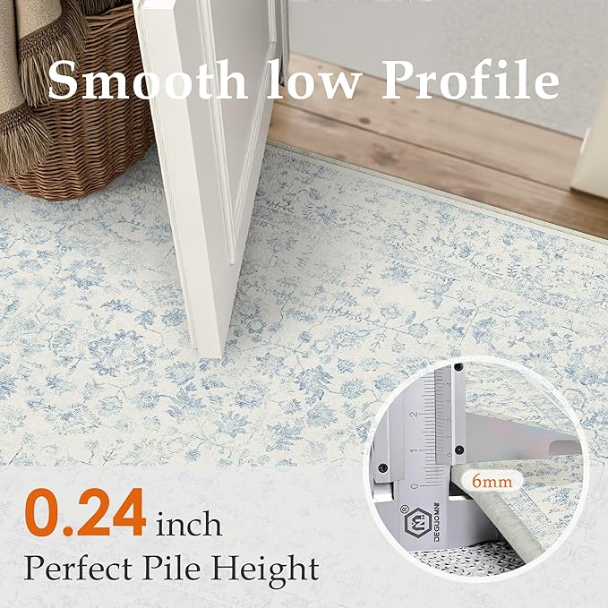 2x6 Blue Runner Rug Hallway Non Slip Kitchen Vintage Distressed Long Carpet Indoor Machine Washable Retro Floral Bedroom Accent Throw Rug for Office Laundry Bathroom Dining Living Room