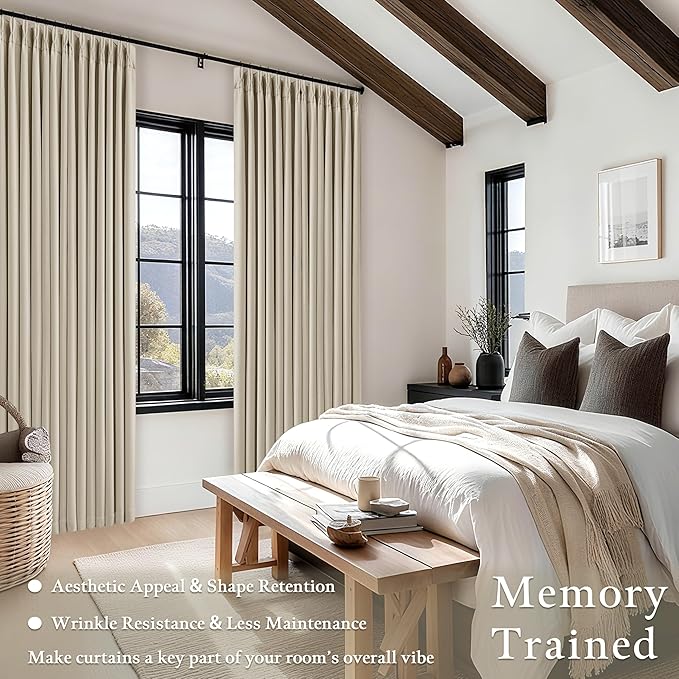 105 Inch Blackout Pleated Curtains for Bedroom Living Room Darkening Linen Textured Pinch Pleat 100% Black Out Thermal Insulated Window Drapes Double Layer Soundproof Curtains 2 Panels Oatmeal Beige