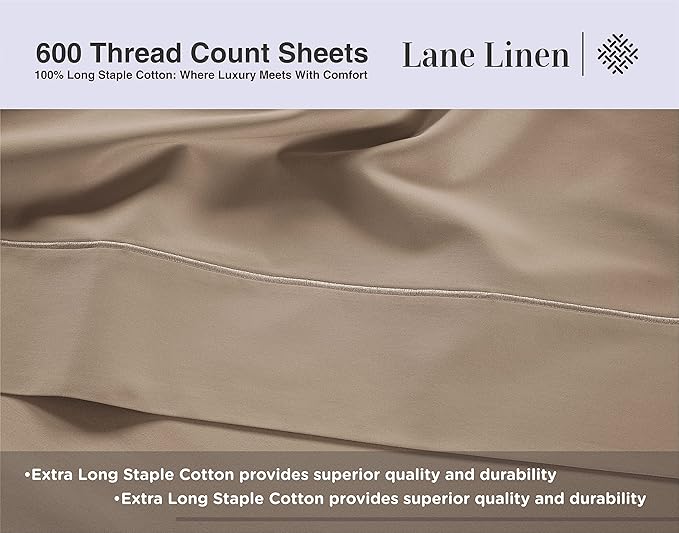LANE LINEN 600 Thread Count 100% Mercerized Cotton Twin Sheets Set - Soft & Comfy Bed Sheets Set, Mercerized Cotton Sheets Set Twin Size, 15" Deep Pocket Twin Bedding Sheets & Pillowcases Set - Taupe