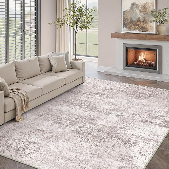 Washable Beige Area Rug 5x7 Modern Abstract Living Room Carpet Neutral Soft Bedroom Throw Rug Low Pile Non Slip Floor Cover for Office Laundry Dining Room Kitchen Bathroom