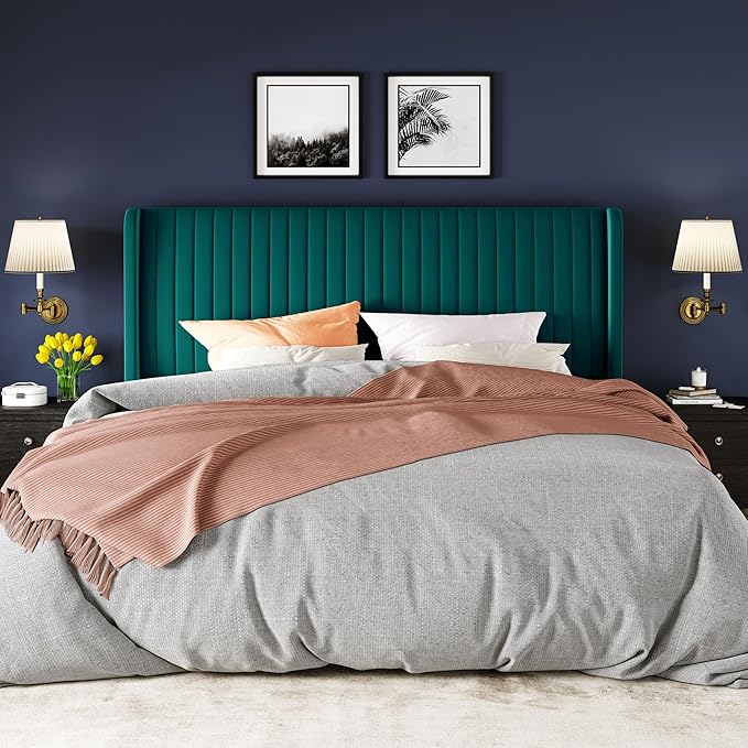 Allewie King Size Bed Frame/Velvet Upholstered Platform Bed/Vertical Channel Tufted Wingback Headboard/Strong Wooden Slats/No Box Spring Needed/Easy Assembly/Teal