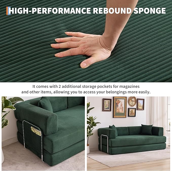 Garvee 5-in-1 Convertible Sofa Bed, 78.8" Modular Corduroy Sleeper with Sturdy Frame & No Assembly, Multi-Functional Futon for Small Space, Living Room & Guest Room (Dark Green)