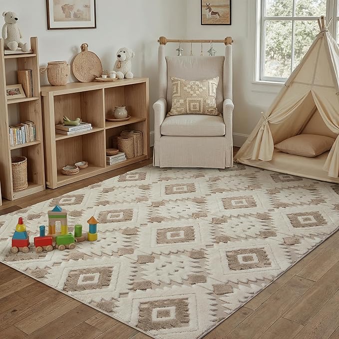 Ivory Brown 4x6 Area Rug Washable Moroccan Shag Office Carpet Non Slip Soft Neutral Boho Floor Mat Plush Pile Throw Rug for Entryway Kitchen Dining Room Bedroom Living Room
