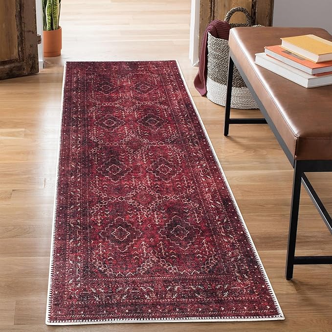 Bloom Rugs Washable Non-Slip 7 ft Runner - Dark Red Traditional Bordered Runner for Entryway, Hallway, Bathroom, and Kitchen - Exact Size: 2.5' x 7'