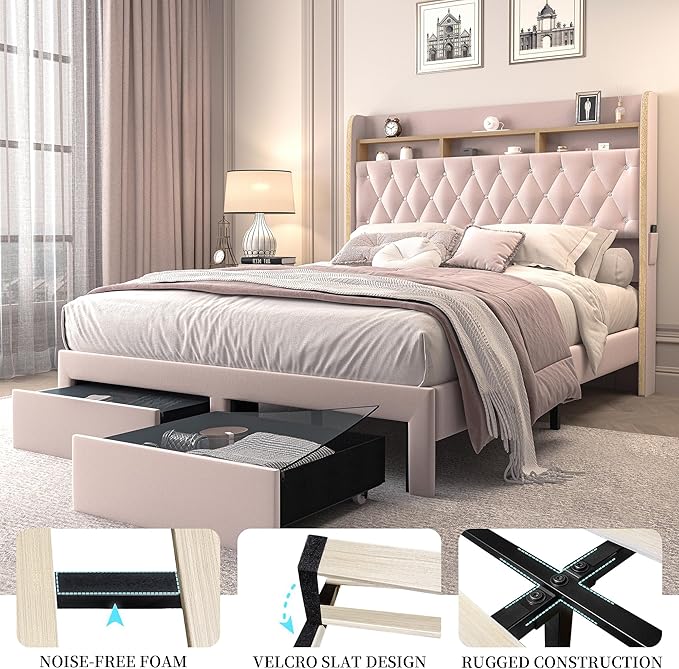 Full LED Bed Frame with Storage Drawers, Velvet Upholstered Platform Beds with Galaxy Star Projector Charging Station Speaker, Aurora Bedframe with 2-Tier Storage Headboard, Noise-Free, Pink