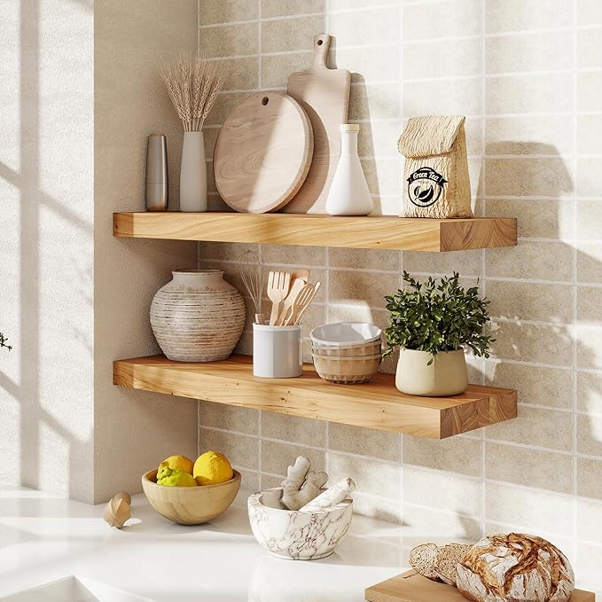 fuqing Floating Shelves for Wall, 24 inch Rustic Solid Elm Wood Floating Shelves, Wooden Wall Shelves with Invisible Heavy Duty Brackets for Living Room, Bedroom, Kitchen, Bathroom, 2 Pack, Natural