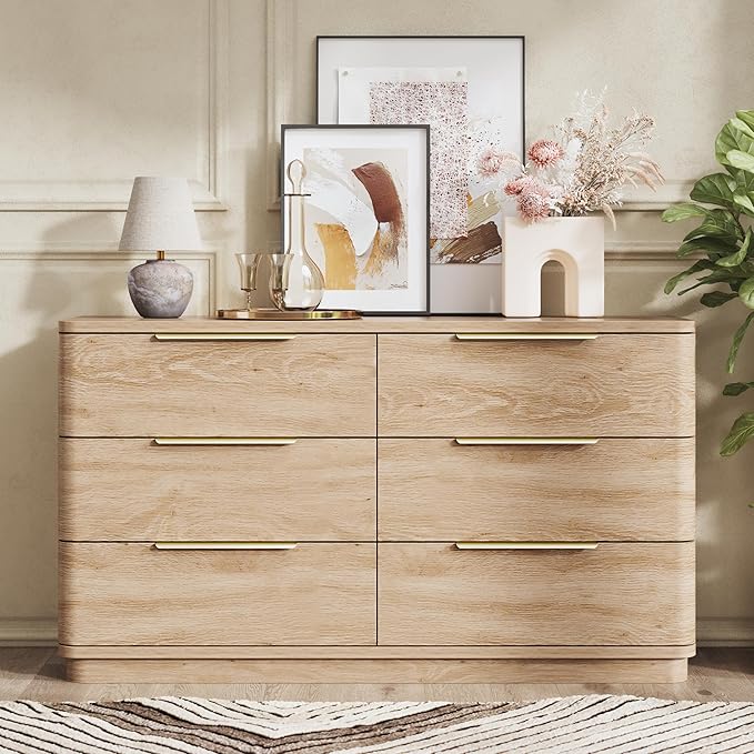 6 Drawer Dresser for Bedroom, 54" Wide Modern Chest of Drawers with Metal Handle, Curved Profile Design, Wooden Oak Dresser Closet Clothes Storage TV Stand for Living Room, Hallway
