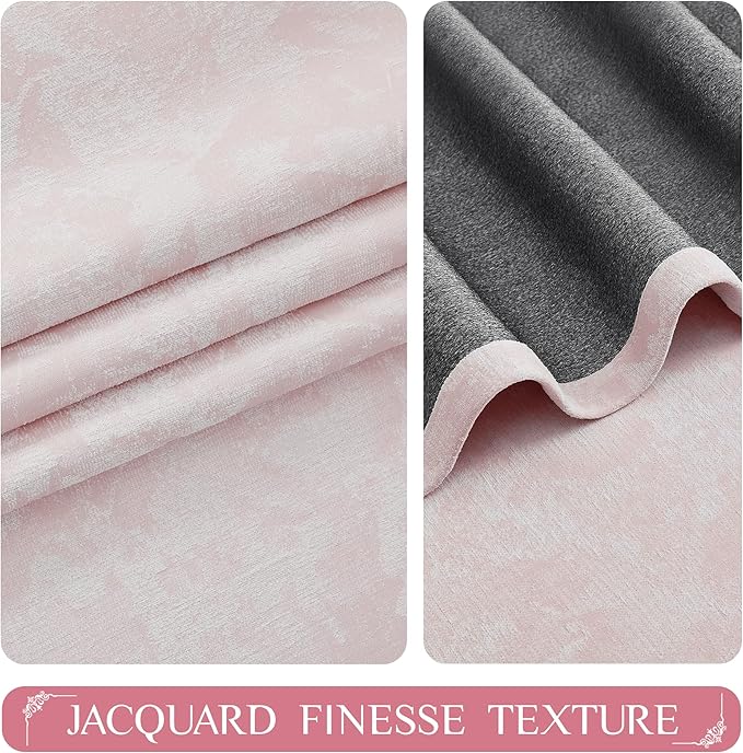Beauoop Pink Floral Jacquard Blackout Curtains 84 Inches Long 2 Panels for Bedroom Living Room Chenille Flower Room Darkening Thermal Insulated Soundproof Grommet Window Treatments Drapes, 52x84