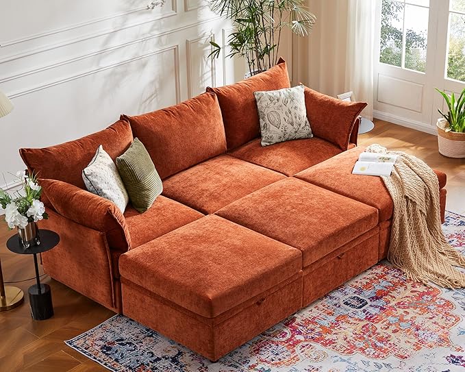 ABCASA 102.6" Luxury Modular Sleeper Sofa Bed 6 Seat Reversible Sectional Couch Deep Seat with Storage Chaises Removable Cover for Living Room, Apartment - Chenille Terracotta Orange