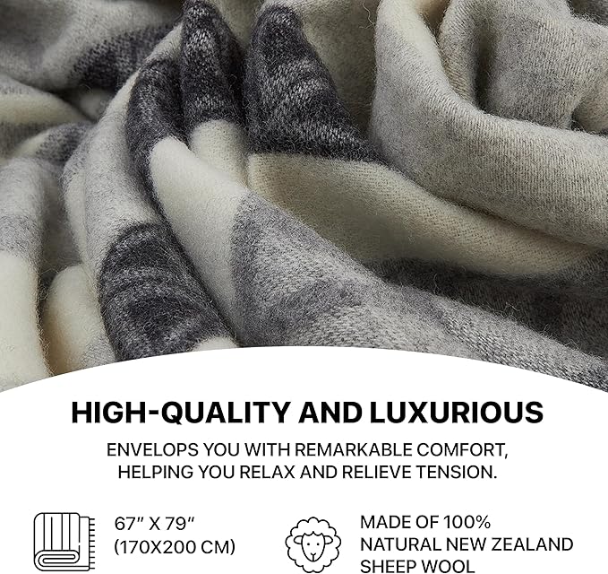 | Wool Blanket/Throw | 100% New Zealand Wool | Perfect for Home and Outdoors | Virgin Wool Throw with Fringes 67"x79" (170 x 200 cm)